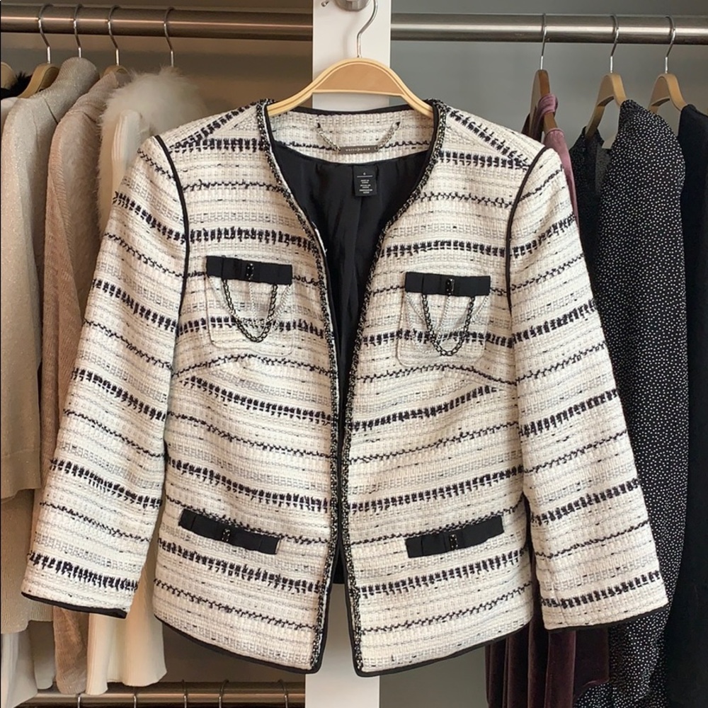 WHBM Black & Ecru Embellished Tweed Jacket